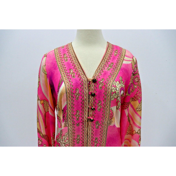 Vintage DELA-ANN Novelty Pink Glam Jewelry Print Lounge Kaftan Dress 1960's M - Picture 4 of 16